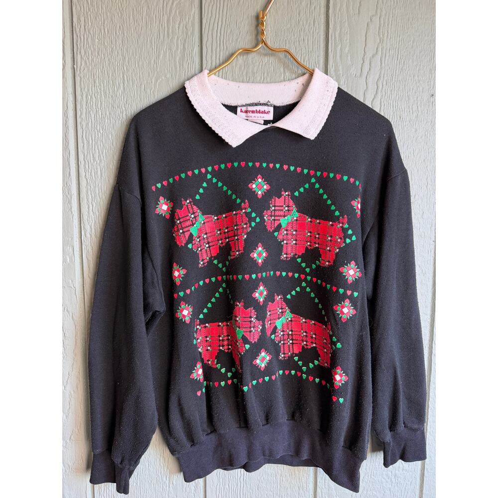 Vintage Karen Blake Christmas Sweatshirt Plaid Scottie Dogs Made in USA Medium